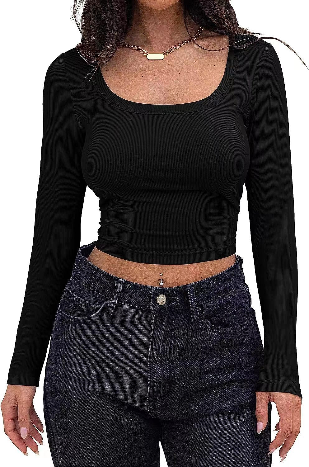 Square Neck Ribbed Cropped Long Sleeve Top - Black