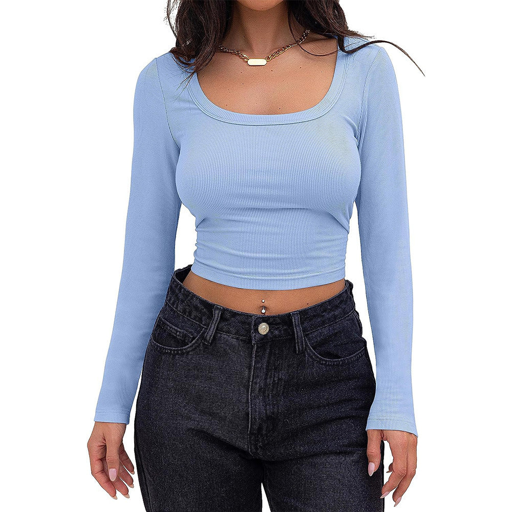 Square Neck Ribbed Cropped Long Sleeve Top - Blue