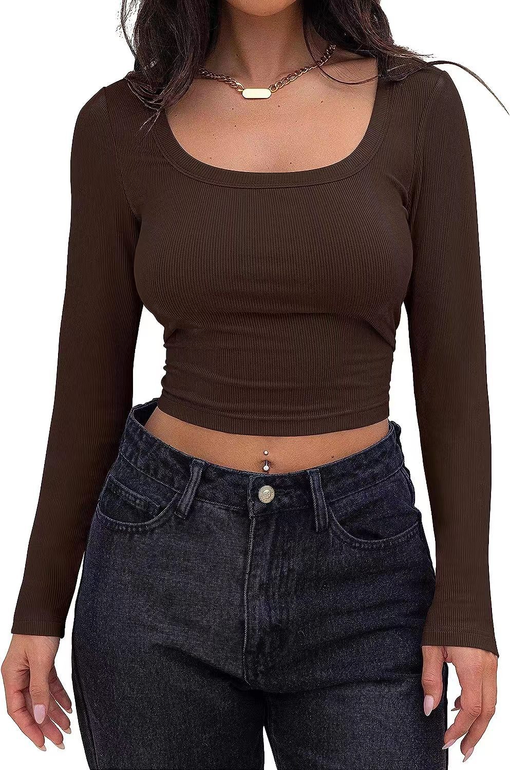 Square Neck Ribbed Cropped Long Sleeve Top - Coffee