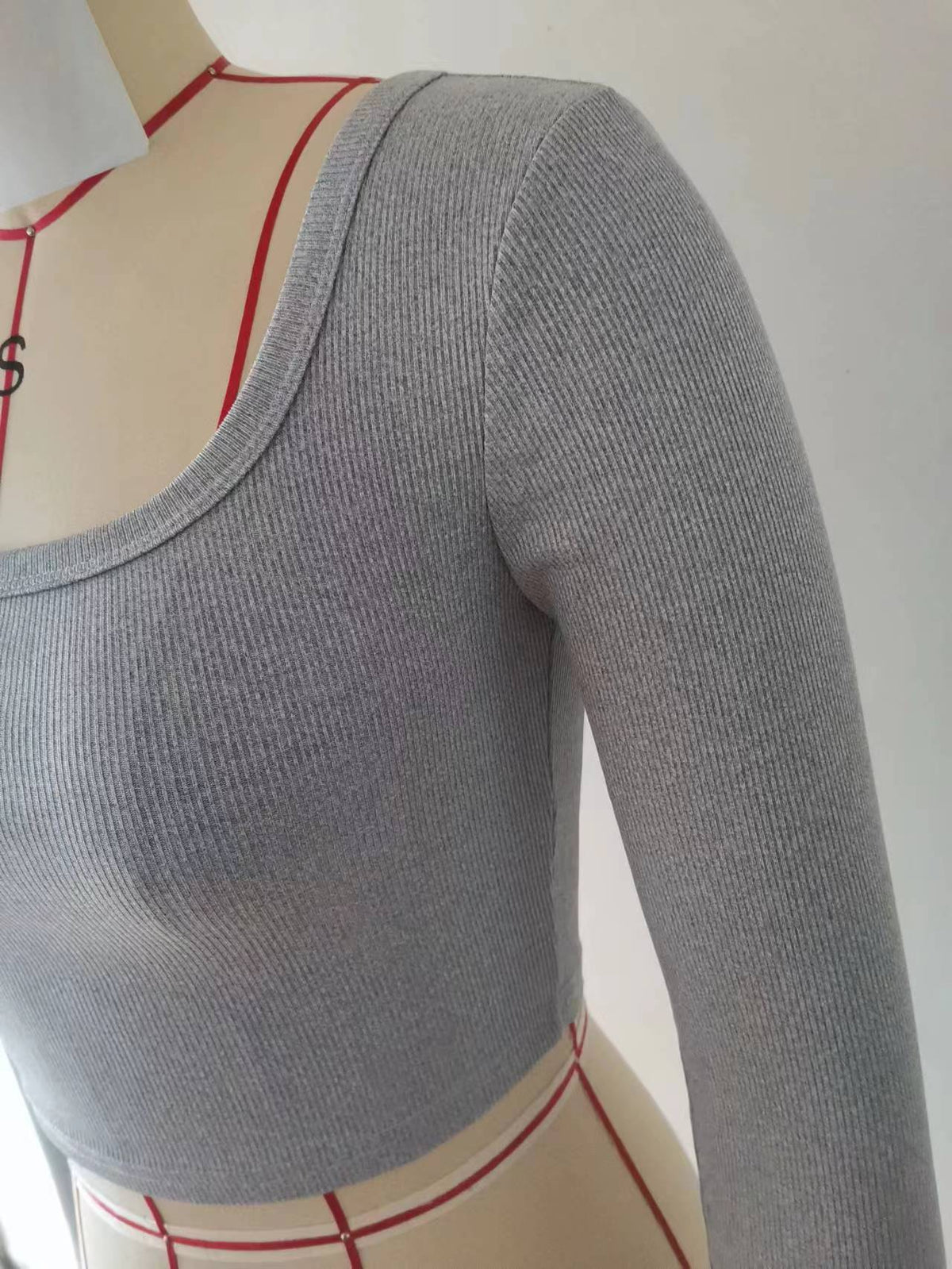 Square Neck Ribbed Cropped Long Sleeve Top - Grey - 2