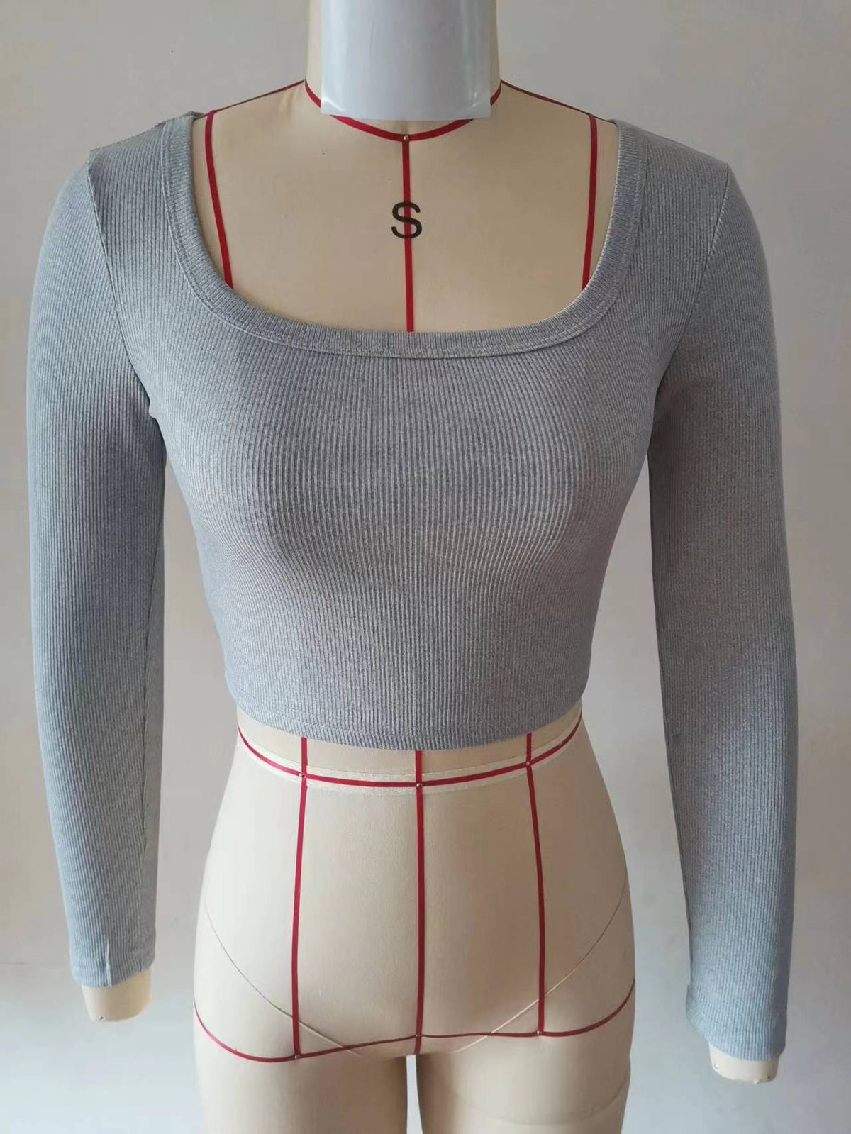 Square Neck Ribbed Cropped Long Sleeve Top - Grey - 3