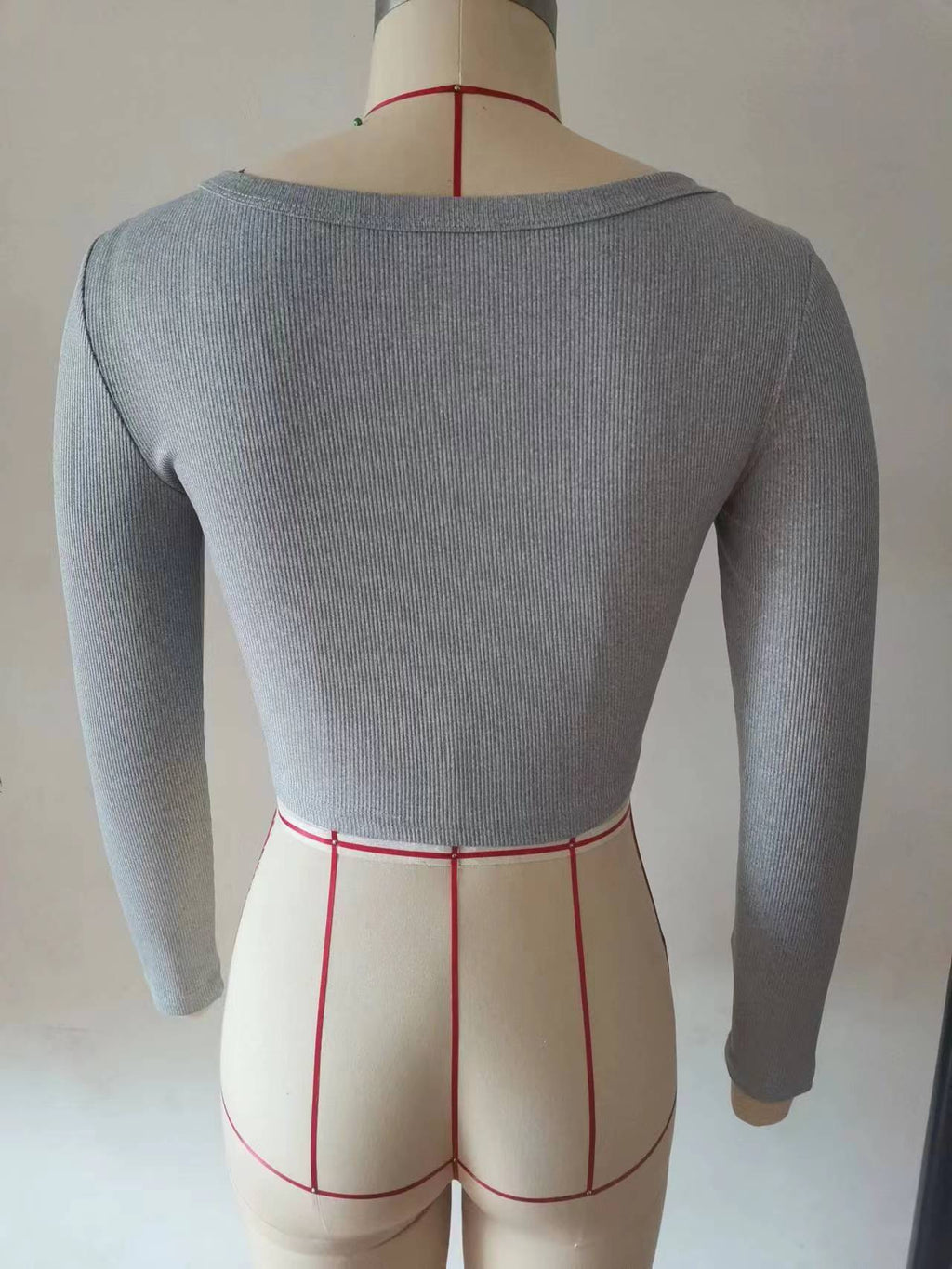 Square Neck Ribbed Cropped Long Sleeve Top - Grey - 4