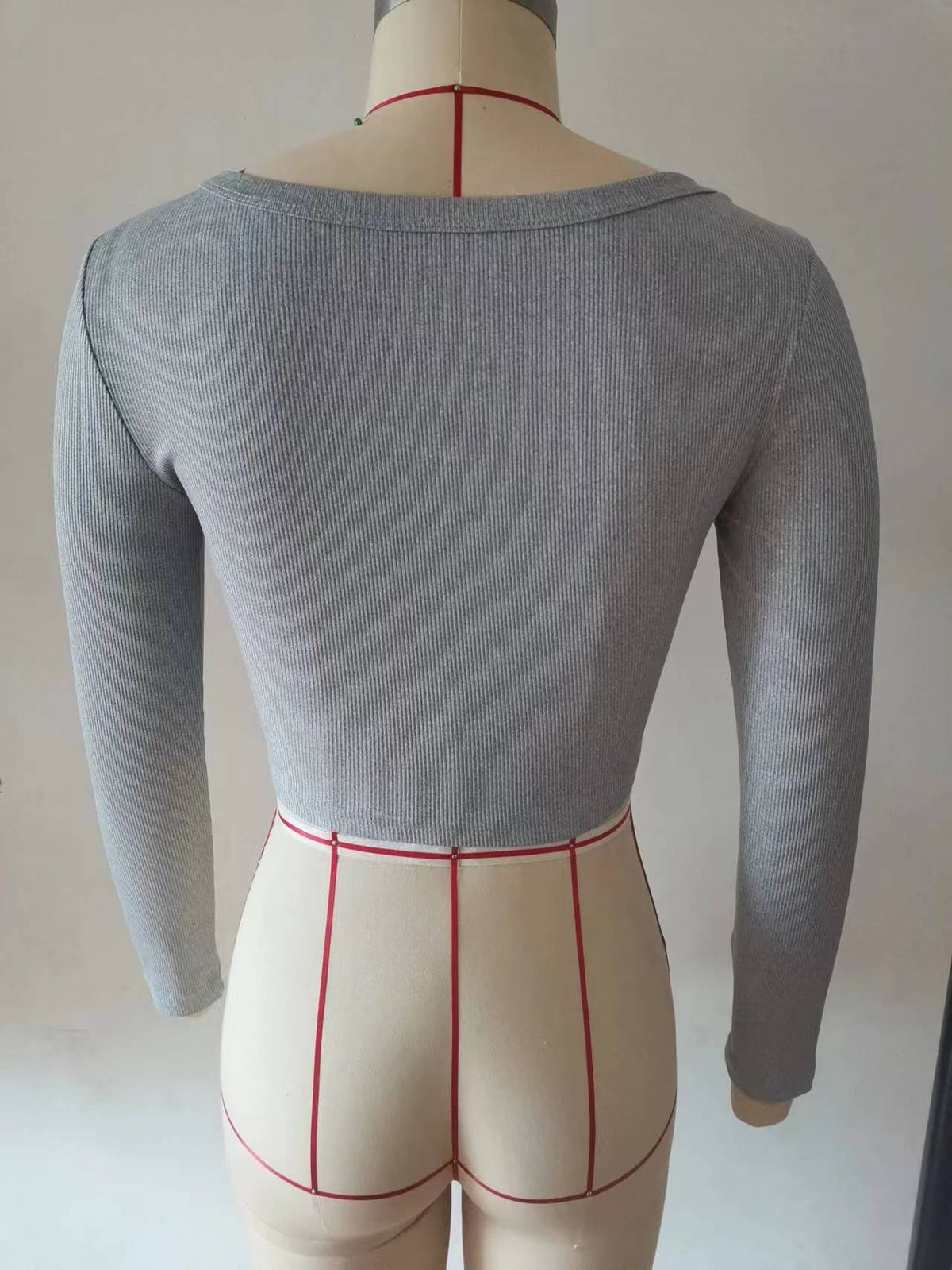 Square Neck Ribbed Cropped Long Sleeve Top - Grey - 4