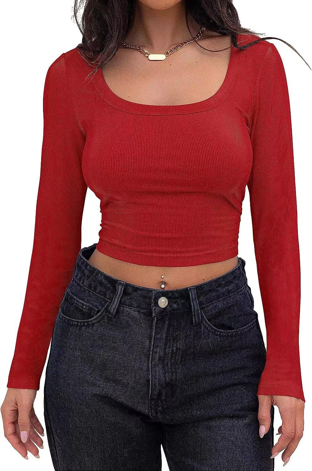 Square Neck Ribbed Cropped Long Sleeve Top - Red