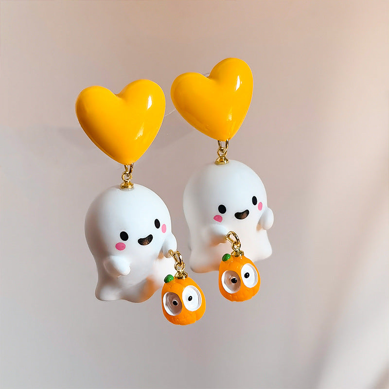 Ghost And Pumpkin Heart Stud Drop Earrings - White