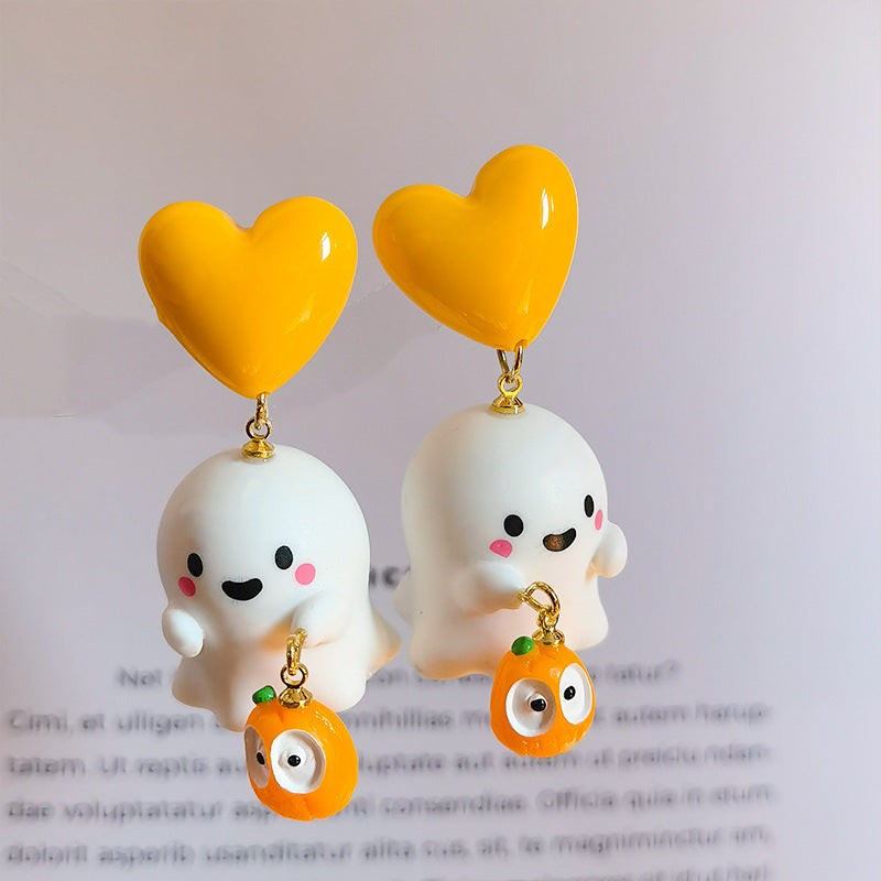 Ghost And Pumpkin Heart Stud Drop Earrings - White - 1