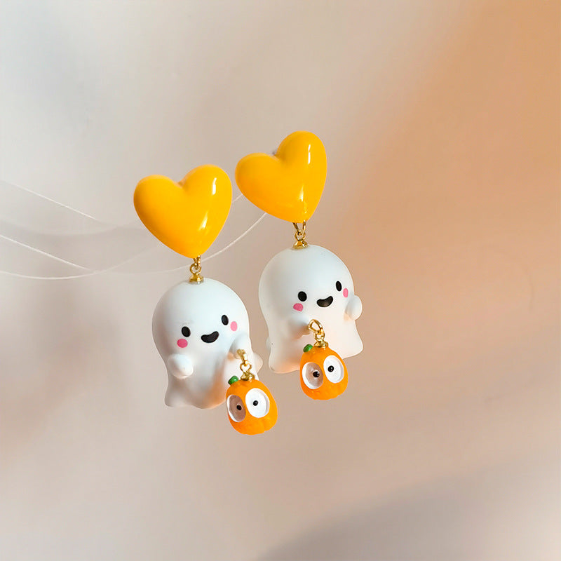 Ghost And Pumpkin Heart Stud Drop Earrings - White - 2