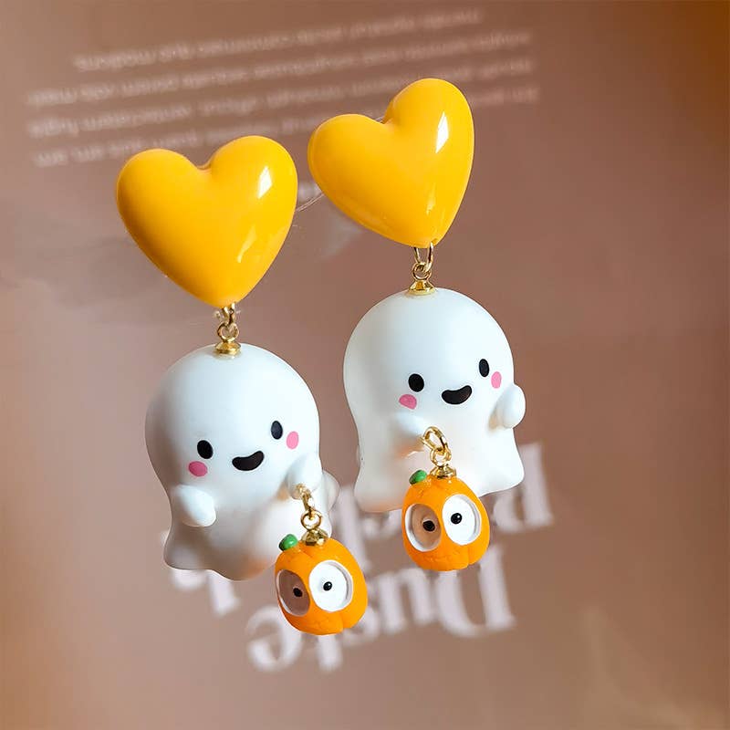 Ghost And Pumpkin Heart Stud Drop Earrings