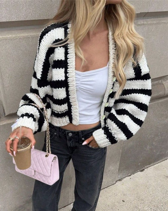 Wide Stripe Chunky Knit Open Front Cropped Cardigan - Black