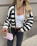 Wide Stripe Chunky Knit Open Front Cropped Cardigan - Black