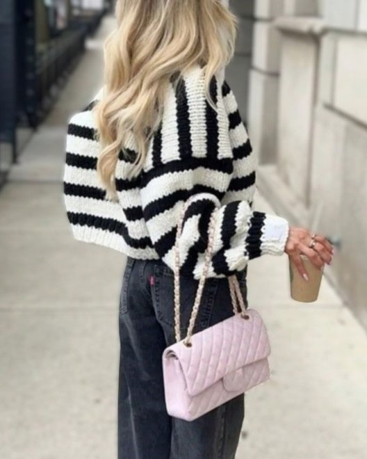 Wide Stripe Chunky Knit Open Front Cropped Cardigan - Black - 1