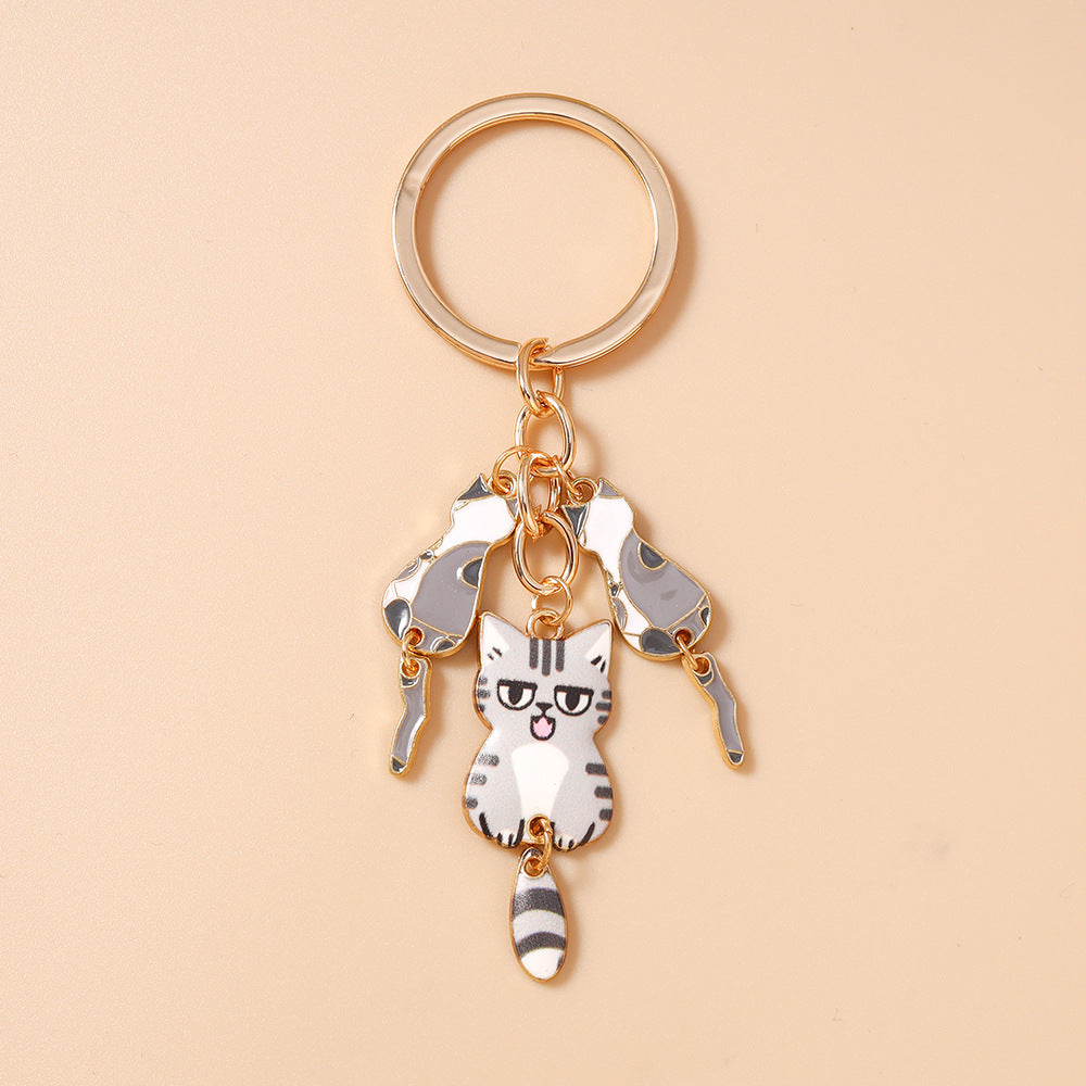 Enamel Cat Bag Charm Keychain - White-Grey