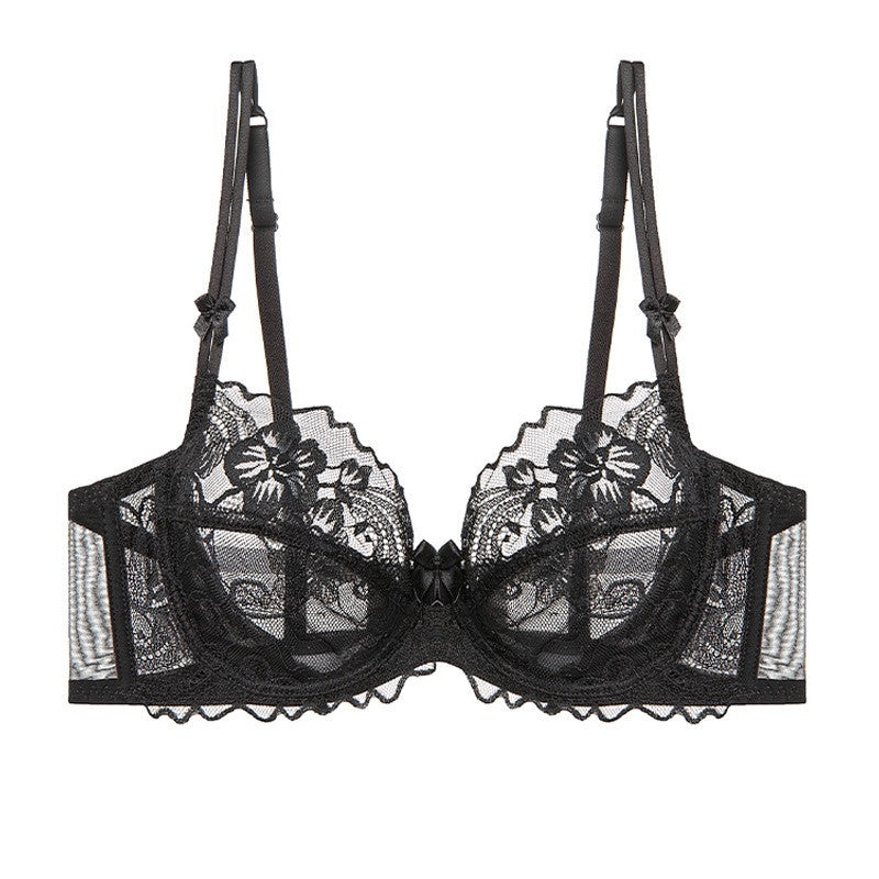 Floral Lace Sheer Underwire Balconette Bra - Black
