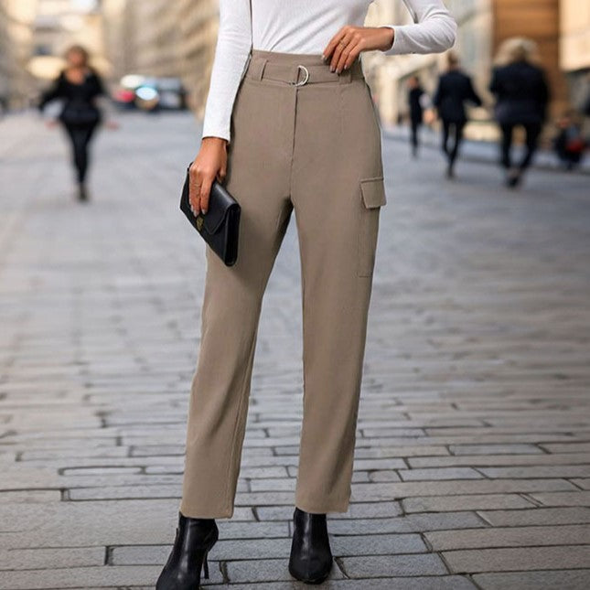 High Waisted Pleated Tapered Trousers - Khaki - 1