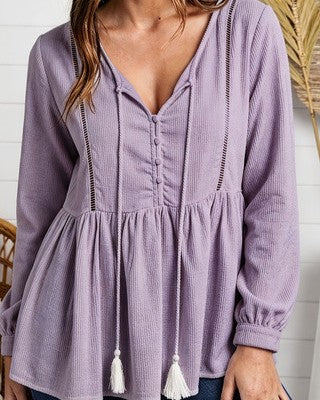Boho Waffle-Knit Peplum Top with Tassel-Tie V-Neck - Purple