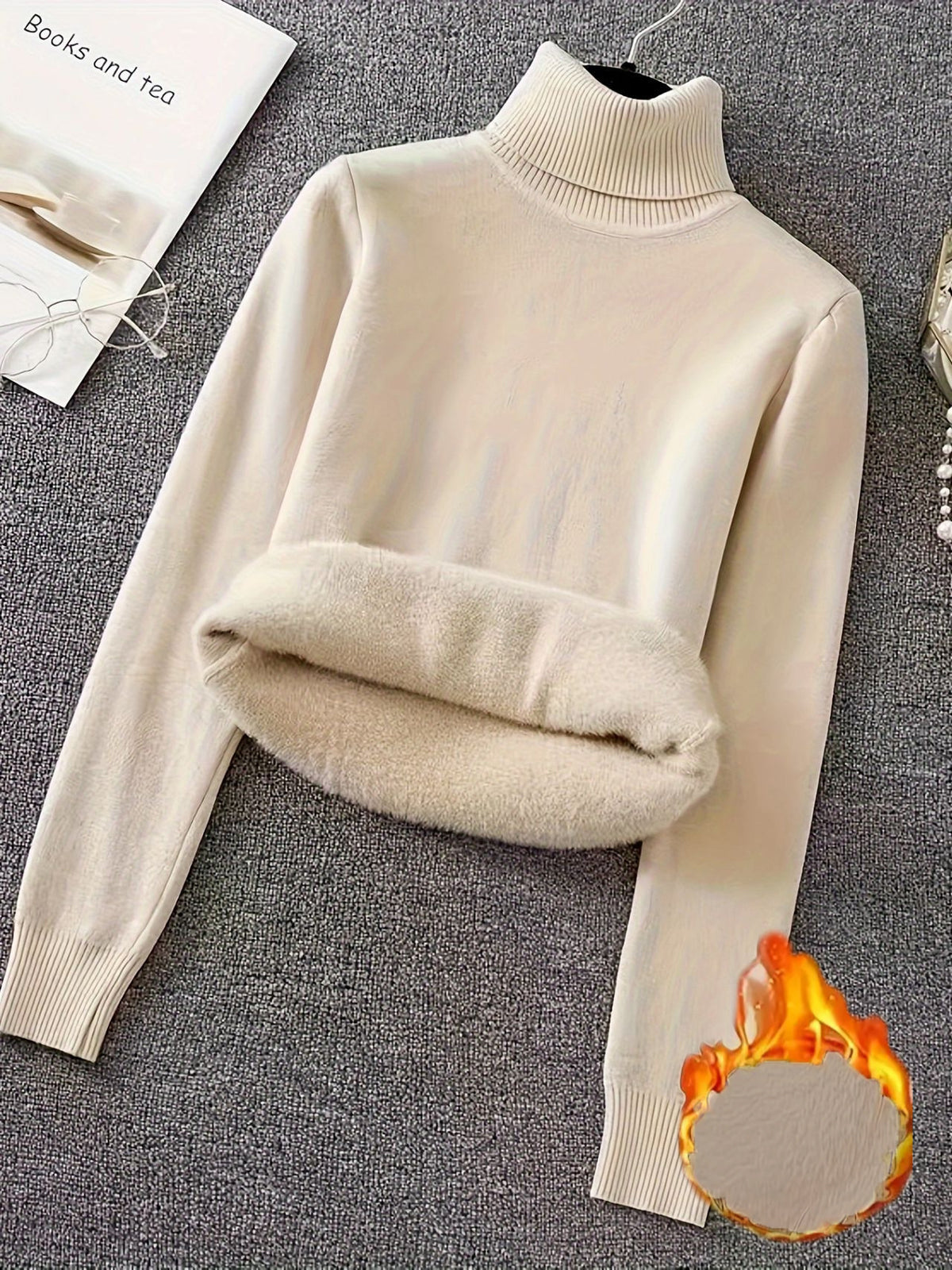 Fleece Lined Turtleneck Slim Knit Top - Apricot