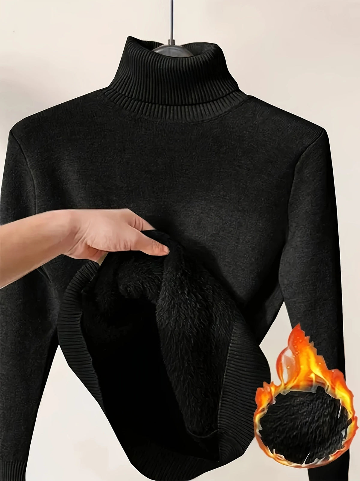 Fleece Lined Turtleneck Slim Knit Top - Black