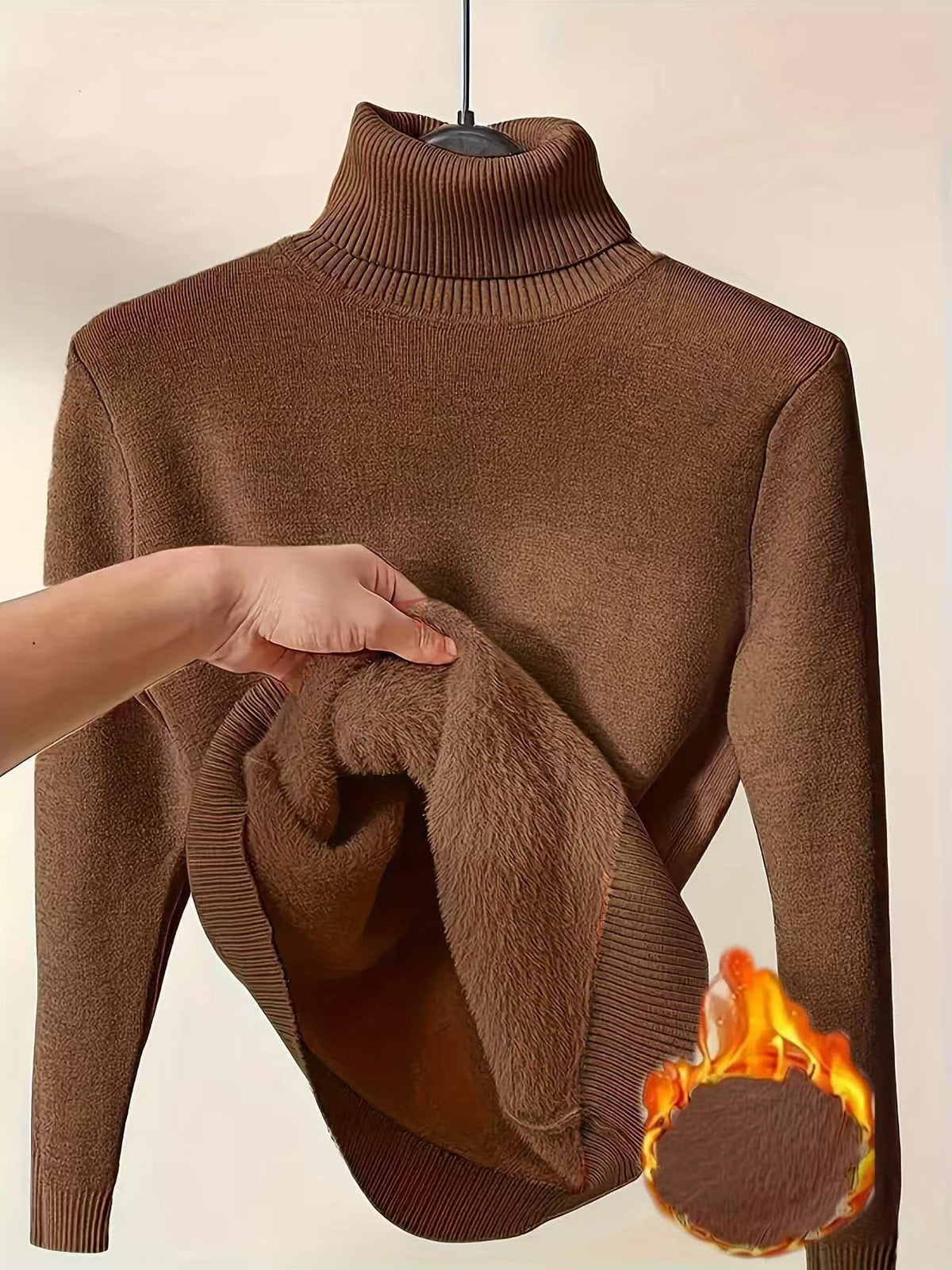 Fleece Lined Turtleneck Slim Knit Top - Brown