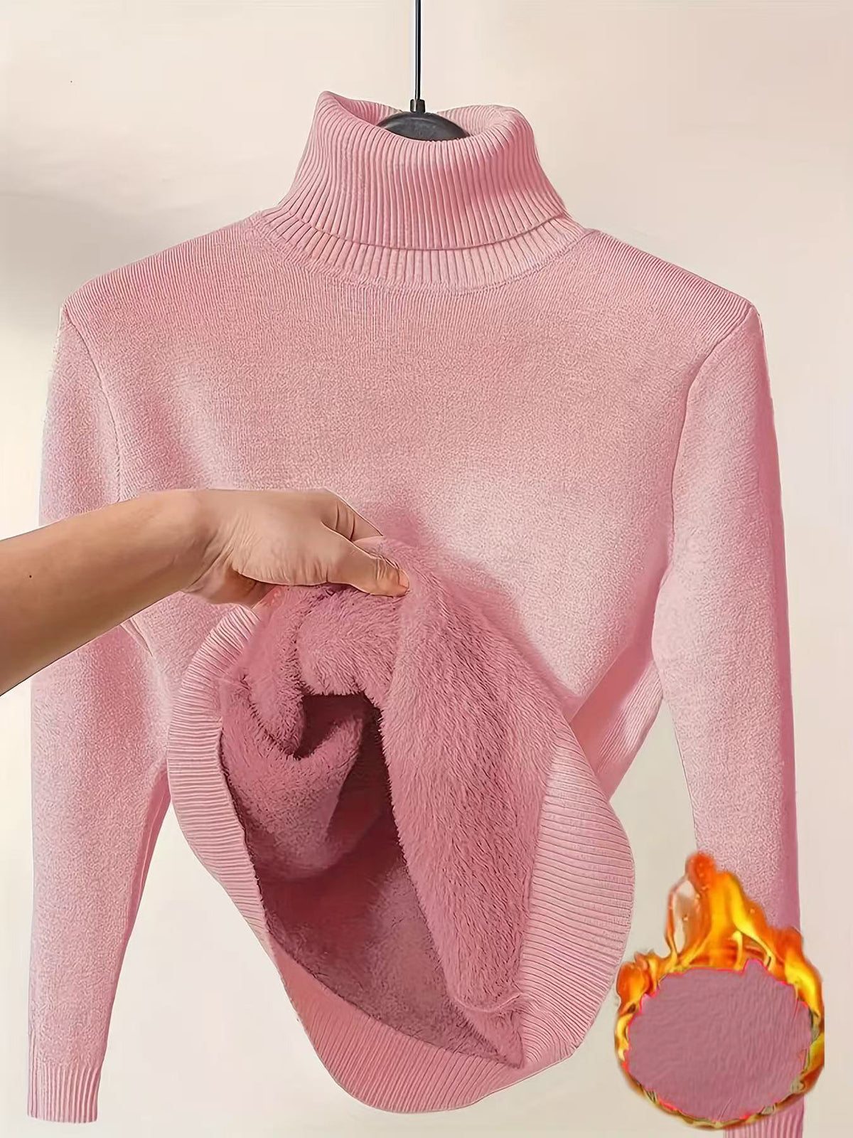 Fleece Lined Turtleneck Slim Knit Top - Pink