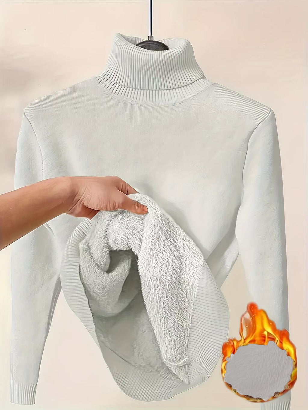 Fleece Lined Turtleneck Slim Knit Top - White