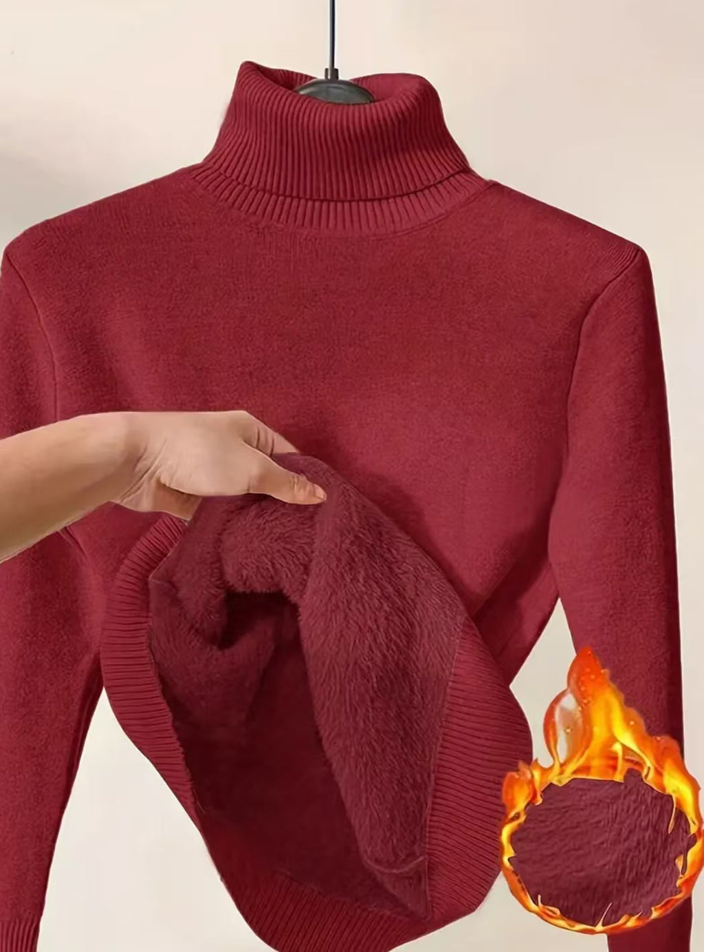 Fleece Lined Turtleneck Slim Knit Top - Winered