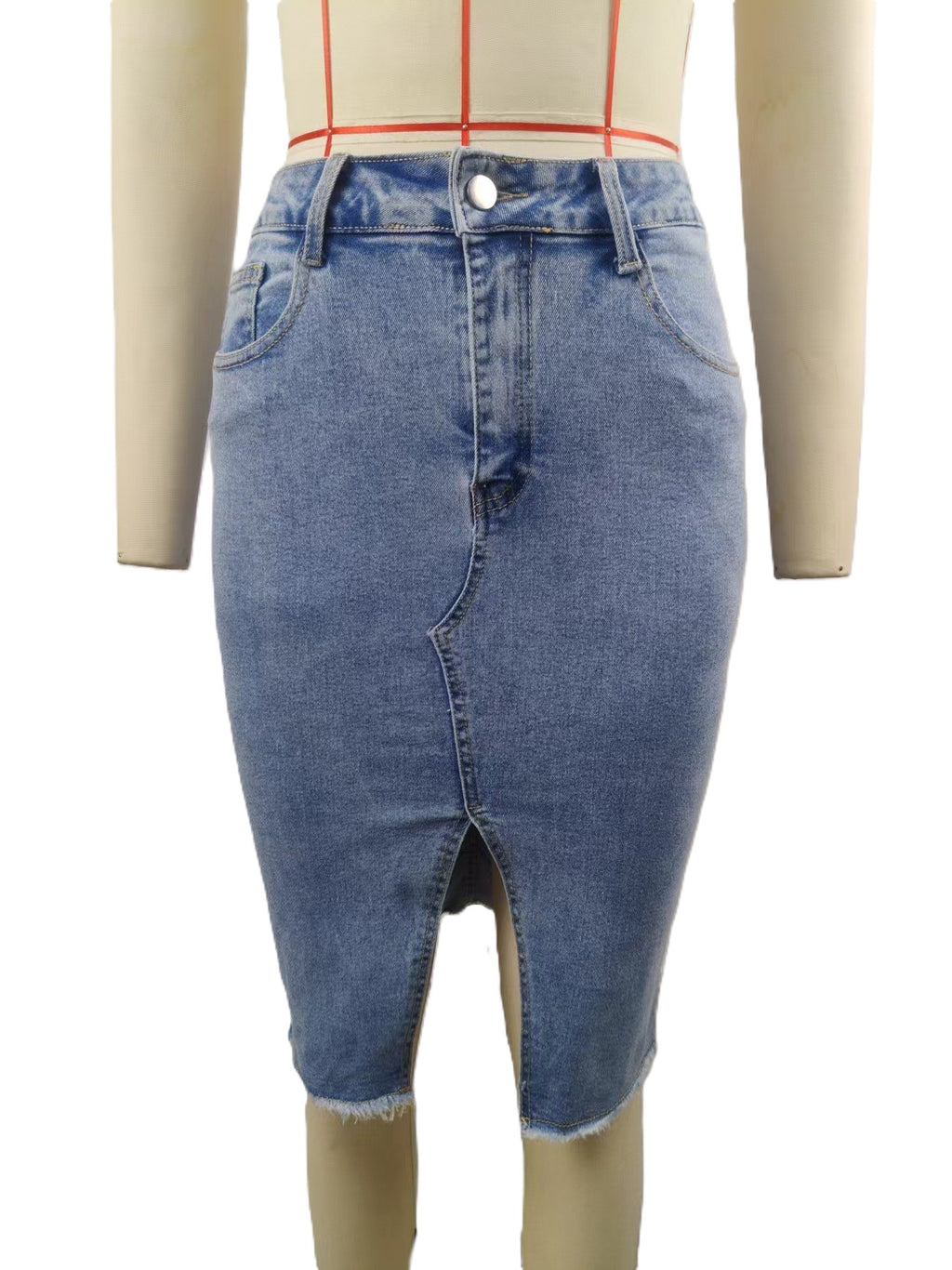 Front Slit Frayed Hem Denim Midi Skirt - Blue