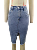Front Slit Frayed Hem Denim Midi Skirt - Blue