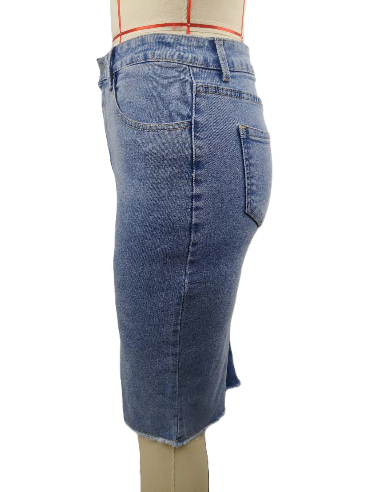 Front Slit Frayed Hem Denim Midi Skirt - Blue - 1