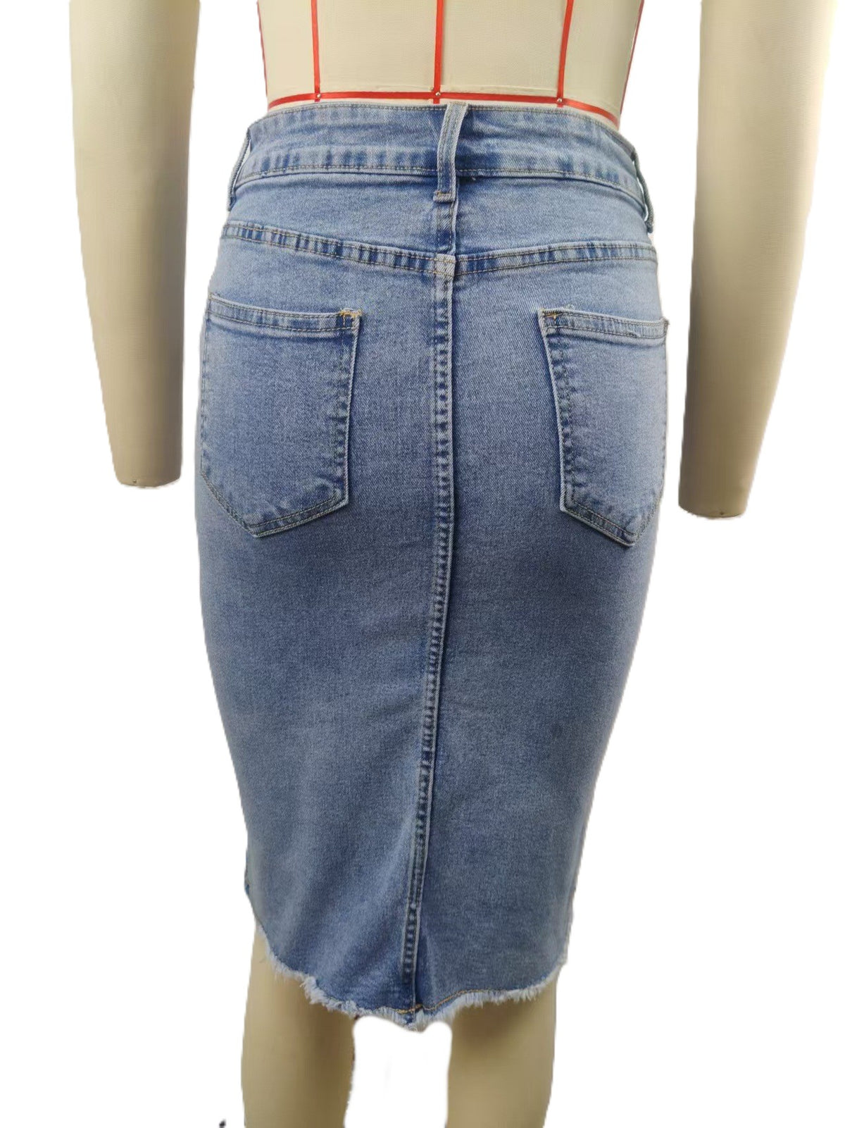 Front Slit Frayed Hem Denim Midi Skirt - Blue - 2