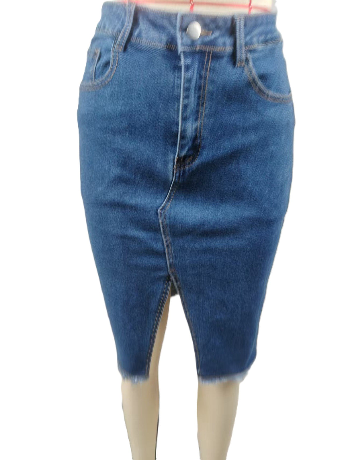 Front Slit Frayed Hem Denim Midi Skirt - DarkBlue