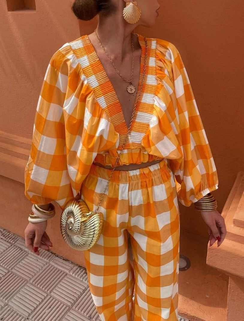 Gingham Plunge Crop Top Wide Trouser Set - Yellow