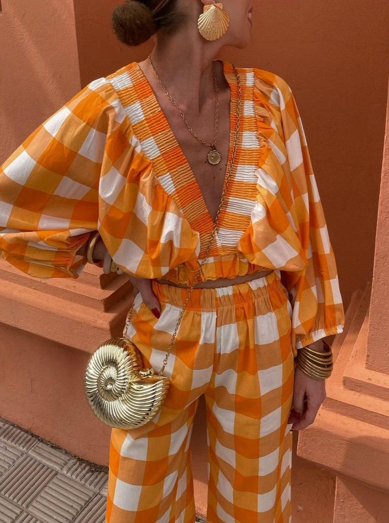 Gingham Plunge Crop Top Wide Trouser Set - Yellow - 2