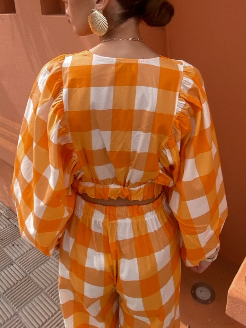 Gingham Plunge Crop Top Wide Trouser Set - Yellow - 3