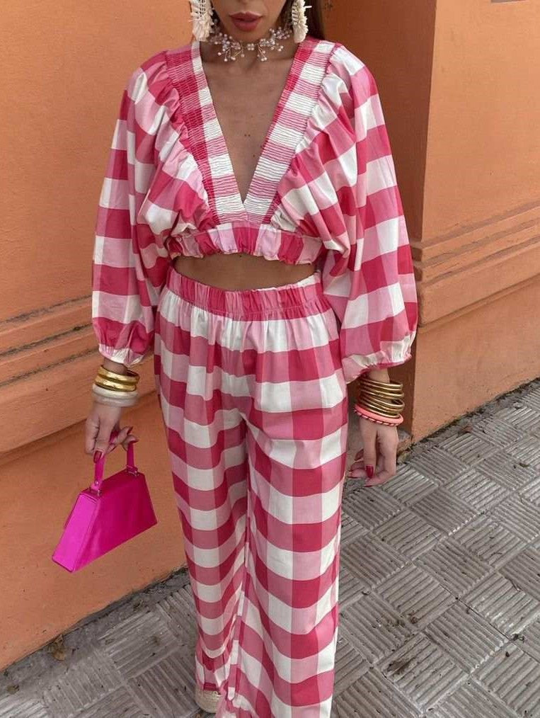Gingham Plunge Crop Top Wide Trouser Set - view 1