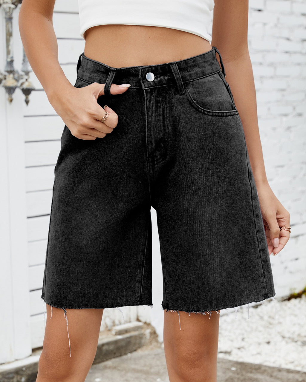 Frayed Hem Straight Leg Denim Bermuda Shorts - Black - 1