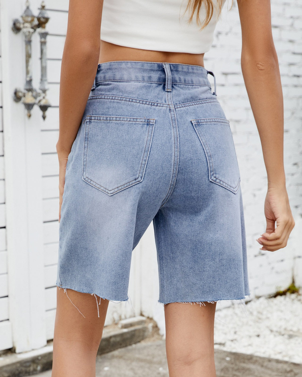 Frayed Hem Straight Leg Denim Bermuda Shorts - Black - 2