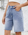 Frayed Hem Straight Leg Denim Bermuda Shorts - Blue