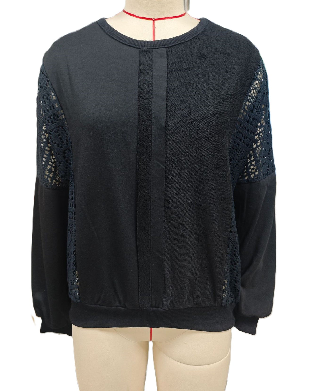 Crochet Lace Balloon Sleeve Relaxed Blouse - Black
