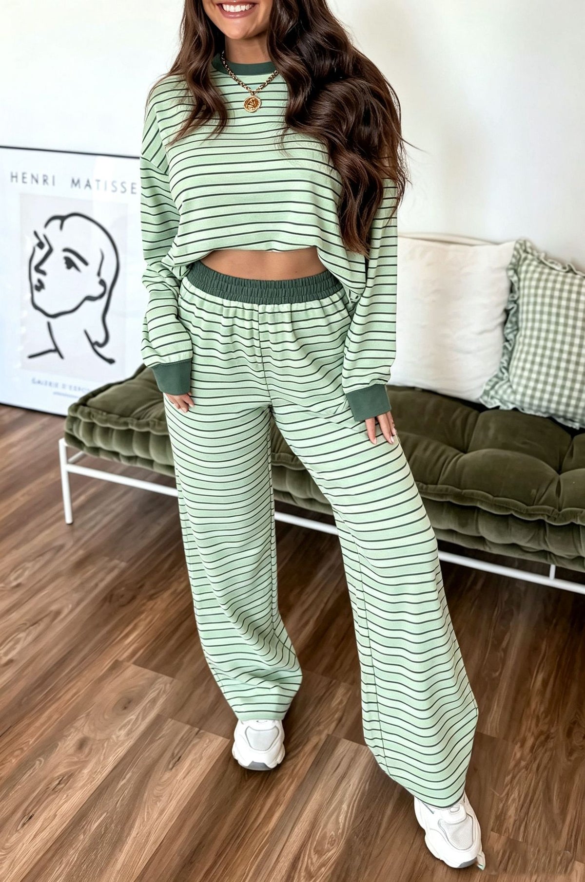 Striped Contrast Cuff Cropped Top Wide Leg Pant Set - Green