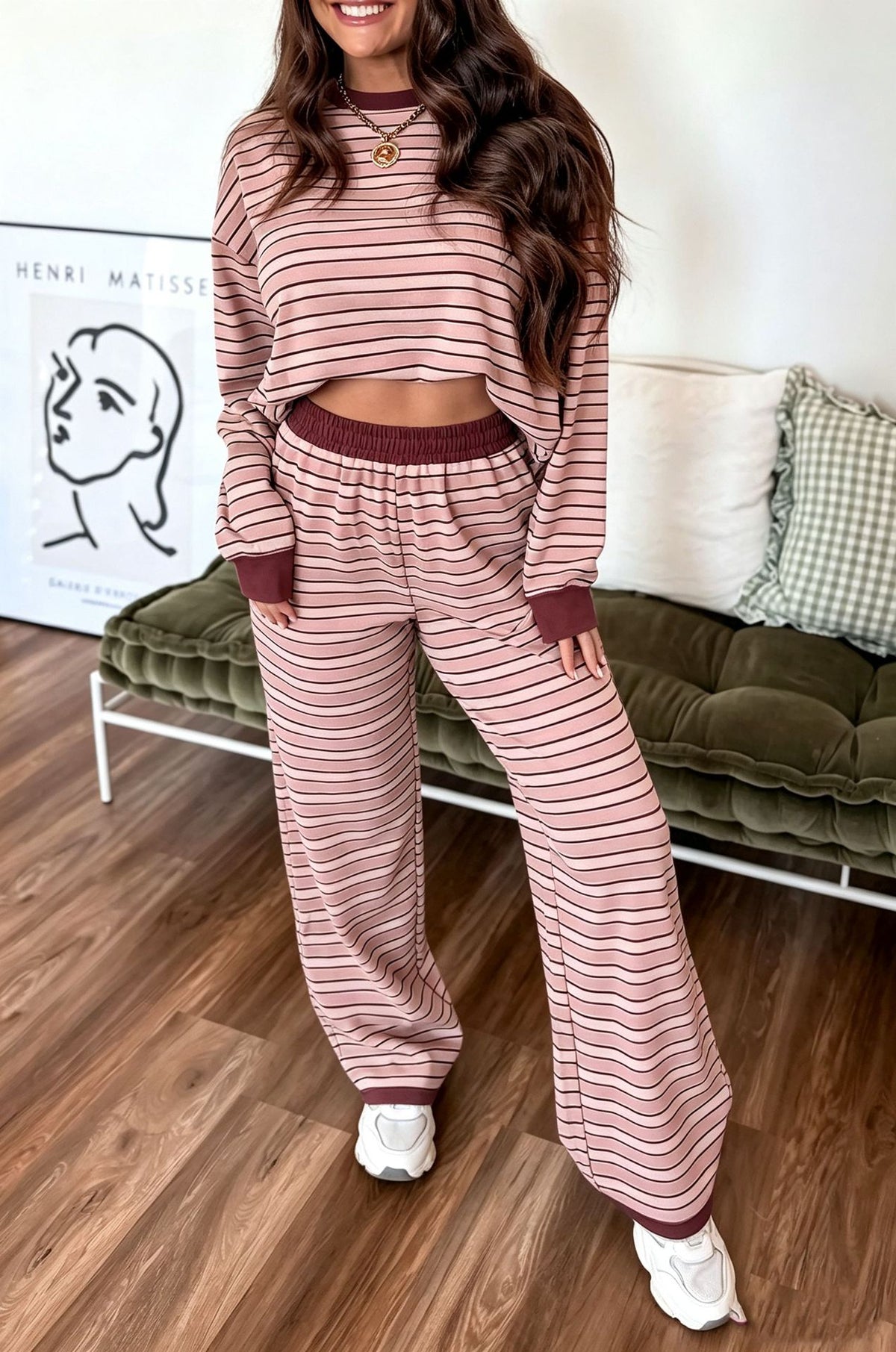 Striped Contrast Cuff Cropped Top Wide Leg Pant Set - Pink