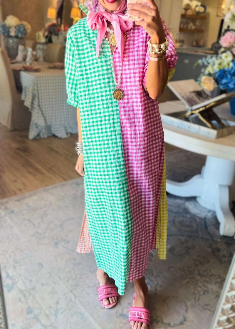 Patchwork Check Button Down Maxi Dress - Colorful - 3