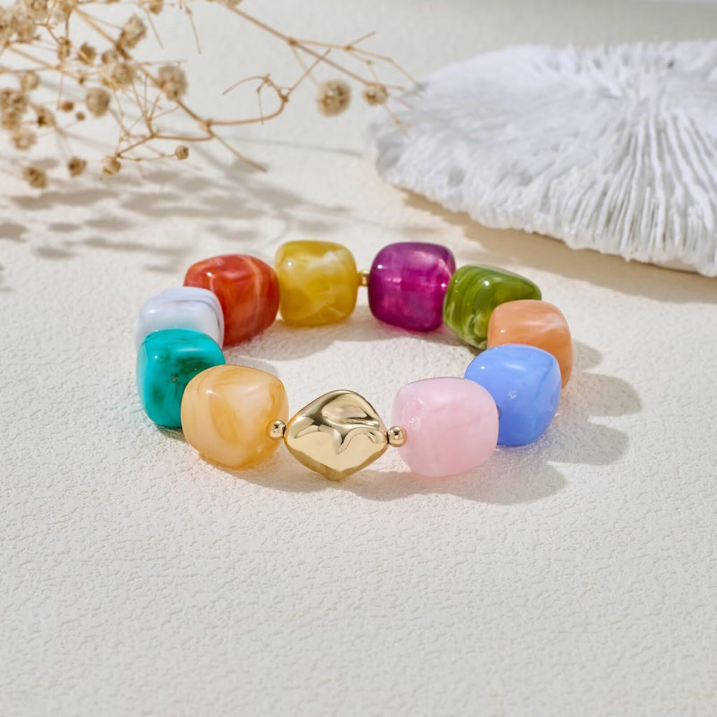 Chunky Marbled Resin Cube Bead Bracelet - Colorful