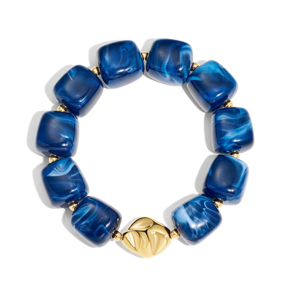Chunky Marbled Resin Cube Bead Bracelet - Dark_Blue