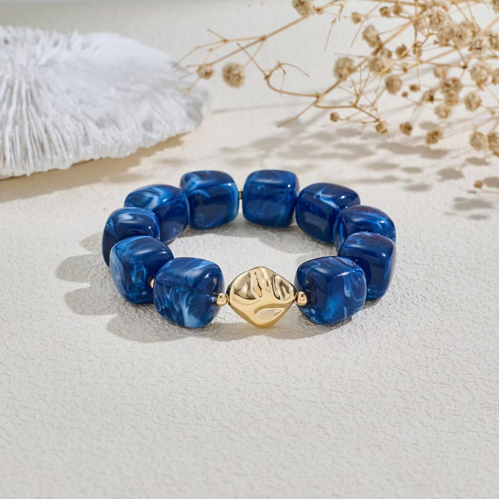 Chunky Marbled Resin Cube Bead Bracelet - Dark_Blue - 1