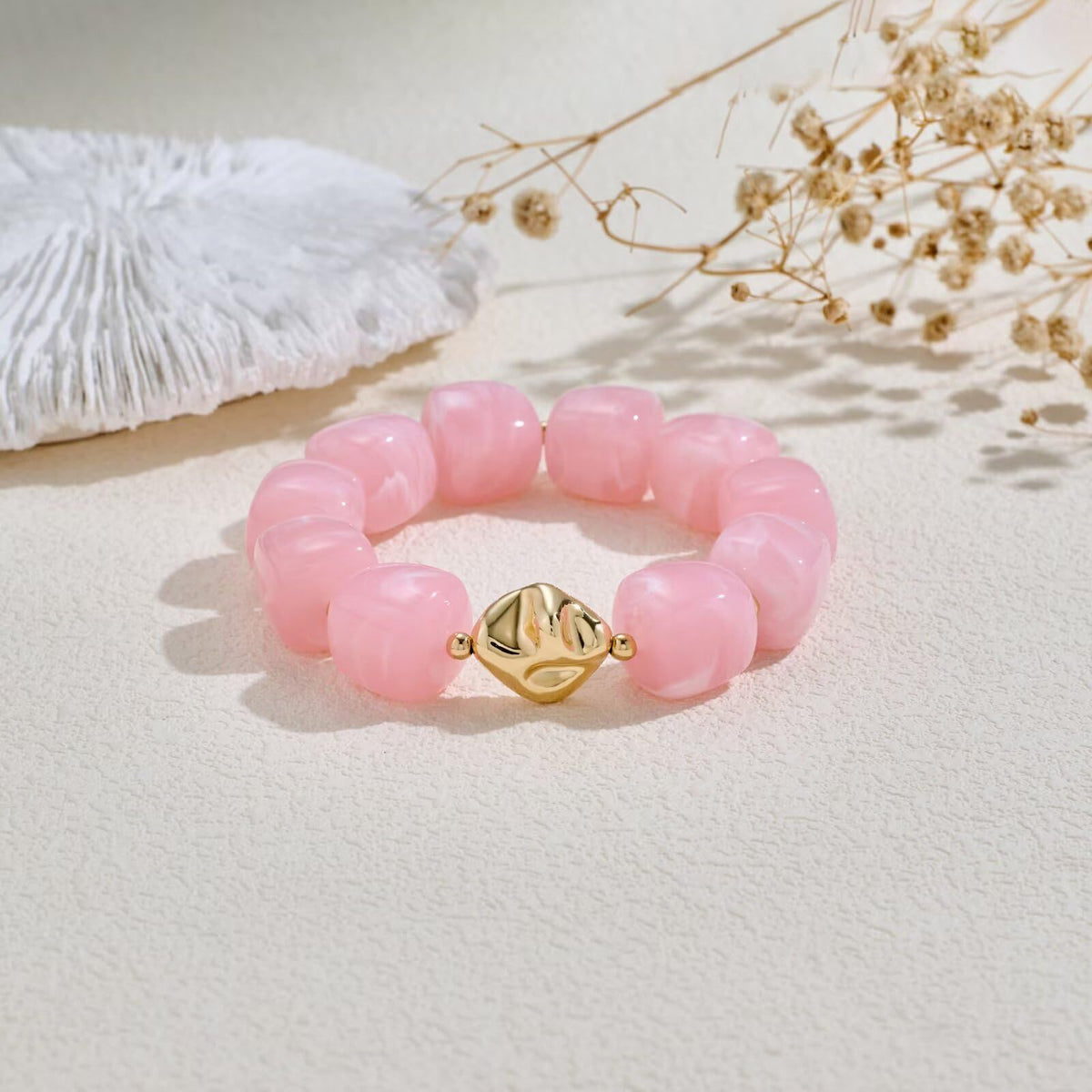 Chunky Marbled Resin Cube Bead Bracelet - Pink - 1