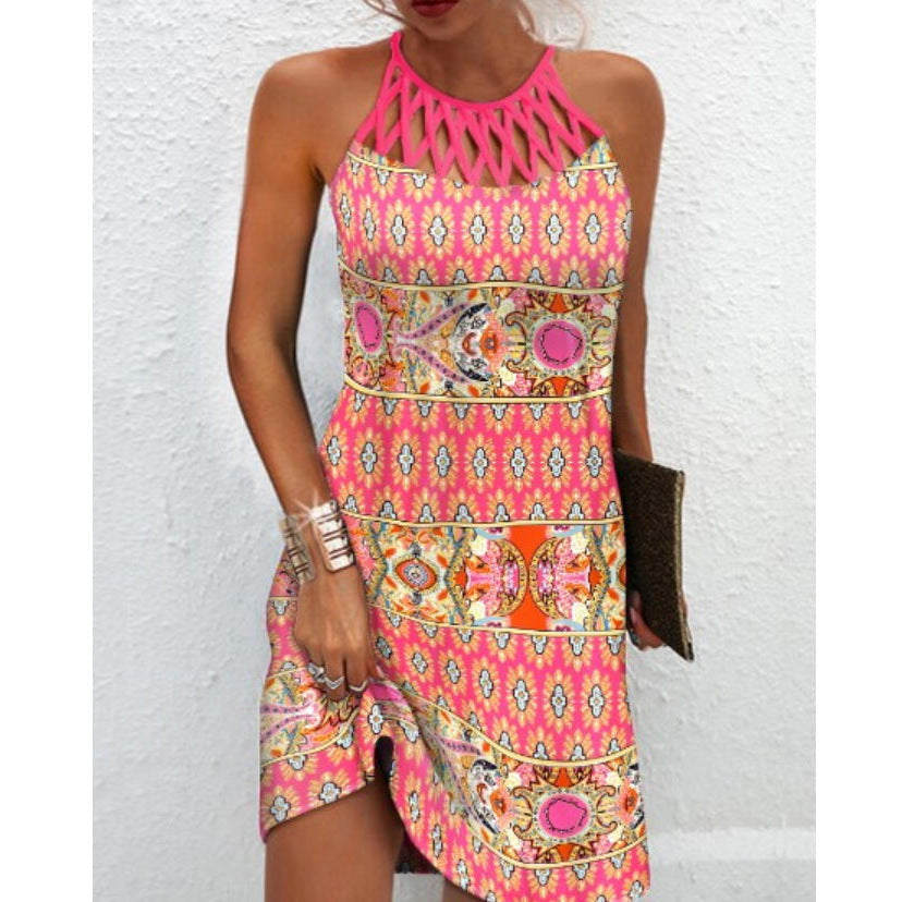 Cutout Halter Neck Printed Mini Dress - Color_15