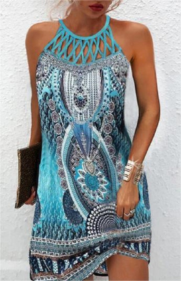 Cutout Halter Neck Printed Mini Dress - Color_17