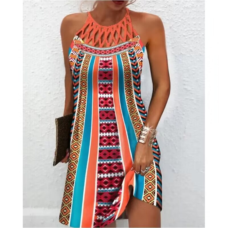 Cutout Halter Neck Printed Mini Dress - Color_18