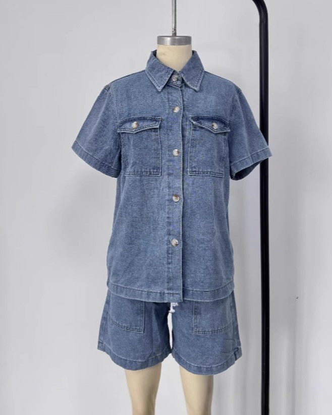 Denim Shirt and Shorts Two Piece Set - Light-Blue - 1