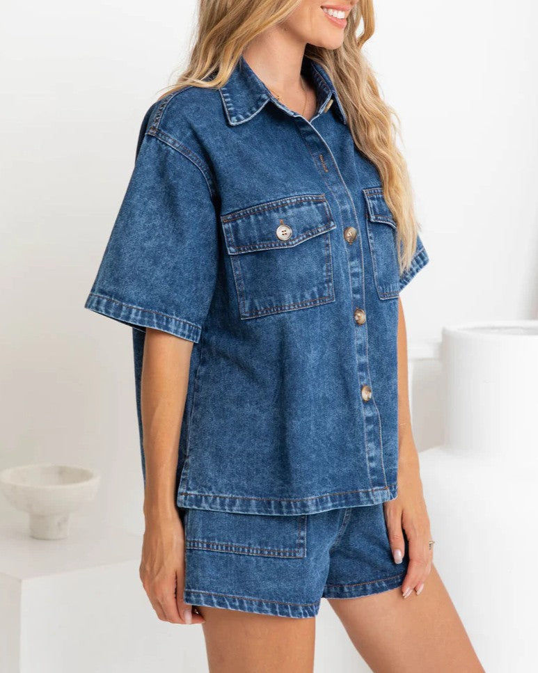 Denim Shirt and Shorts Two Piece Set - Light-Blue - 2